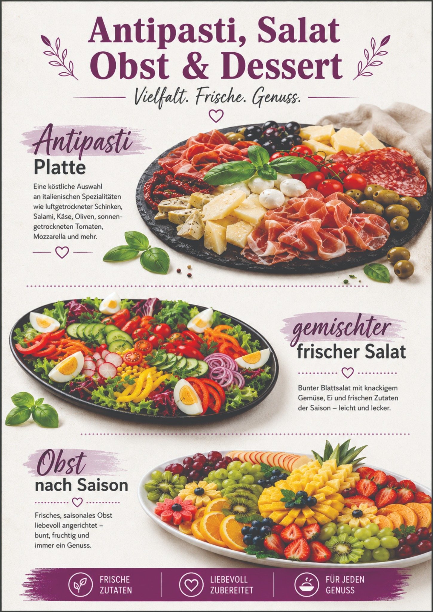 Antipasti, Salat, Obst und Dessert